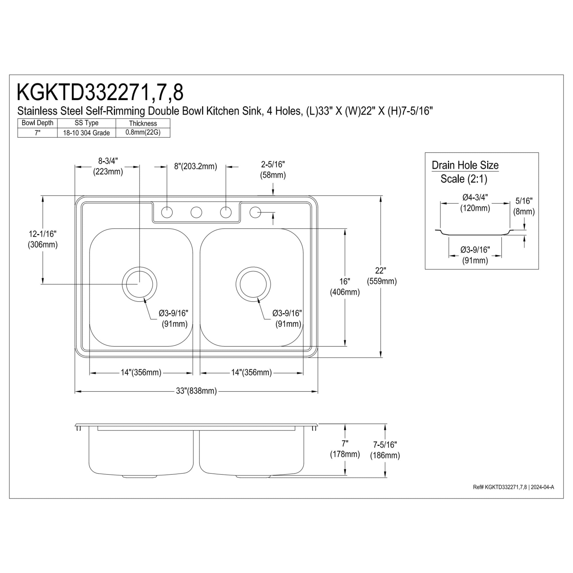 Kingston Brass Studio KGKTD332278 33" Stainless Steel Self-Rimming Double Bowl Drop-In Kitchen Sink with 4-Hole Drain and Strainer, Stainless Steel/Brushed Nickel