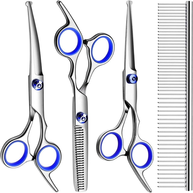 LOVEVER Dog Grooming Scissors with Safety Round Tips Stainless Steel Professional Dog Grooming Kit - Thinning Curved Scissors and Comb for Dog Cat Pet