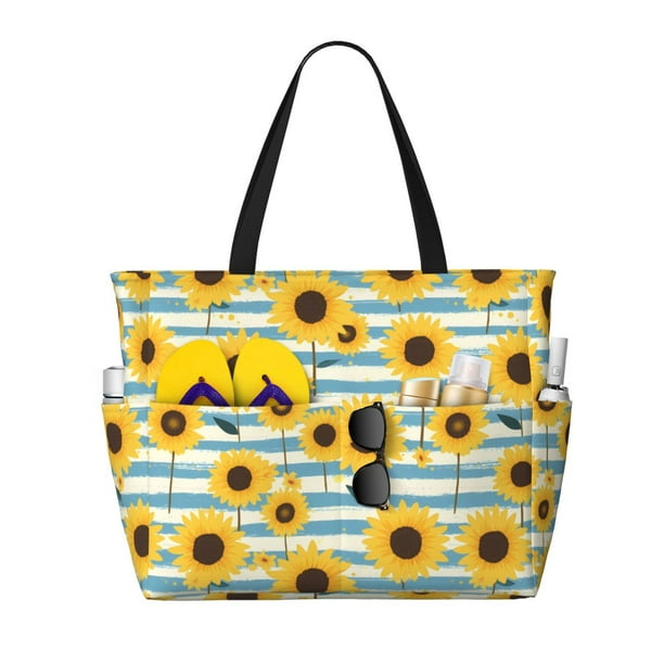 Easygdp Blue White Striped Sunflower A Bolsa de Viaje de Playa de Gran Capacidad, Bolsa Tote Perfecta para la Playa, Escapadas de Fin de Semana y Viajes
