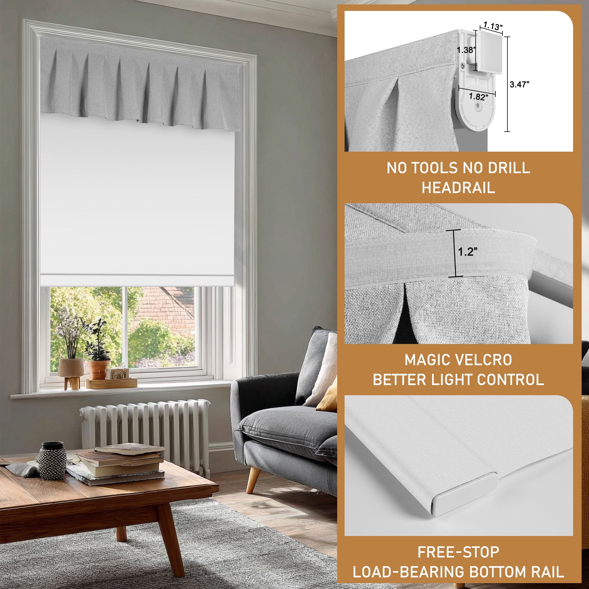 BERISSA No Drill Blinds for Indoor Windows, Blackout Roller Shade With Valance, Room Darkening Noise Reduction Thermal Insulation Roller Blinds for Office and Home,Easy to Install,34"W X 56"H,White