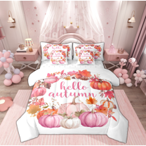 Manfei Hello Autumn Bedding Comforter Set 7 Pieces for Teens, Cartoon Pink Pumpkin Full Bedding Set, Happy Harvest Fitted Sheet Flat Sheet, Lightweight Room Decor