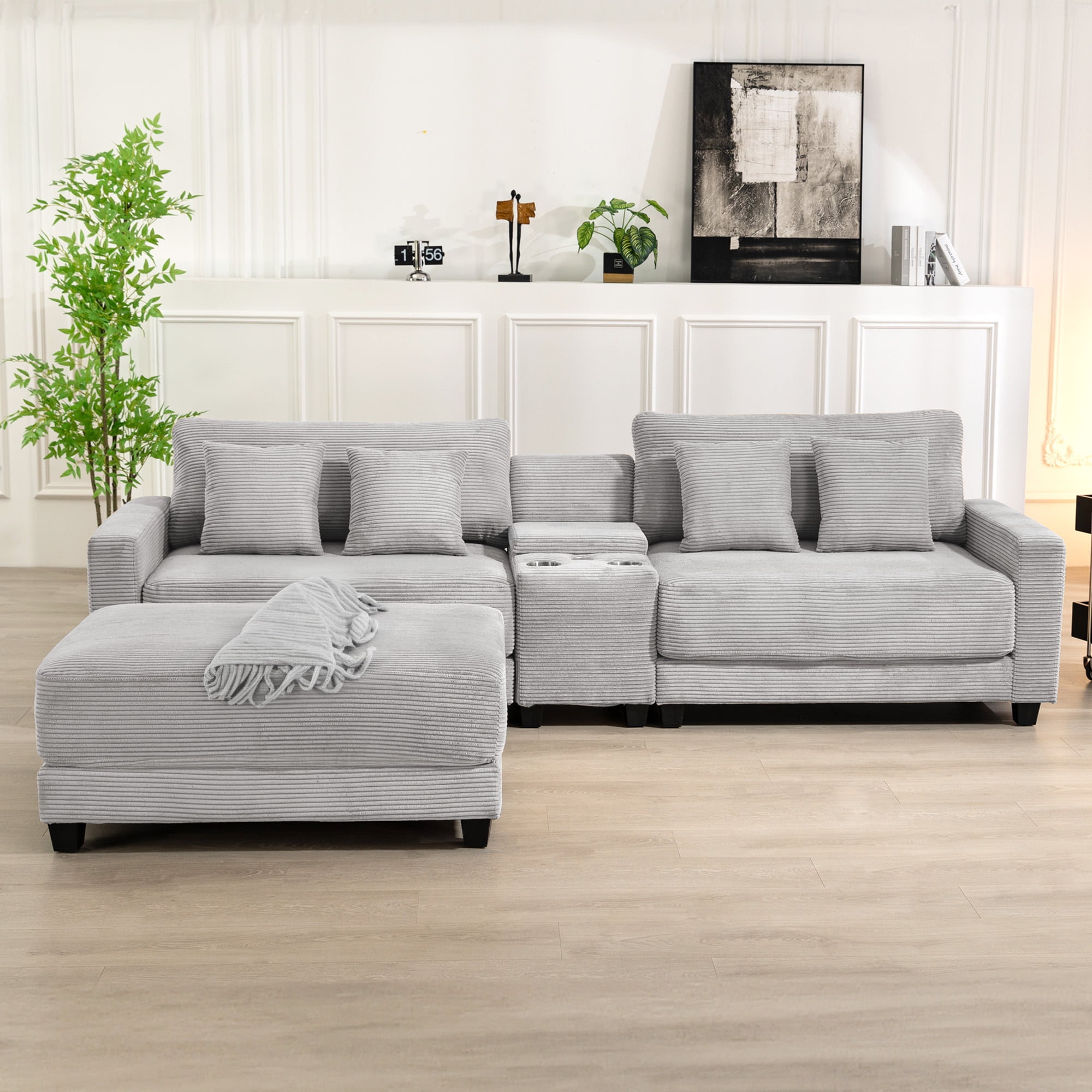JUSTLET 111.8" Sectional Sofa with Ottoman, L-Shaped Modern Modular Couch, Oversized Corduroy 4 Seat Sofa with Storage Box, USB & TYPE C Port and Two Cup Holders for Living Room, Beige