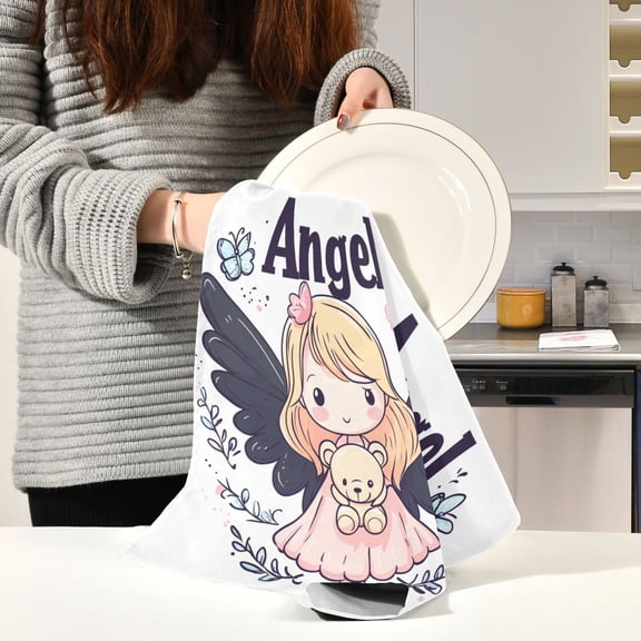 BZSMCE Kitchen Towels Creative Angel Holding Bear Pattern Durable Kitchen Towel