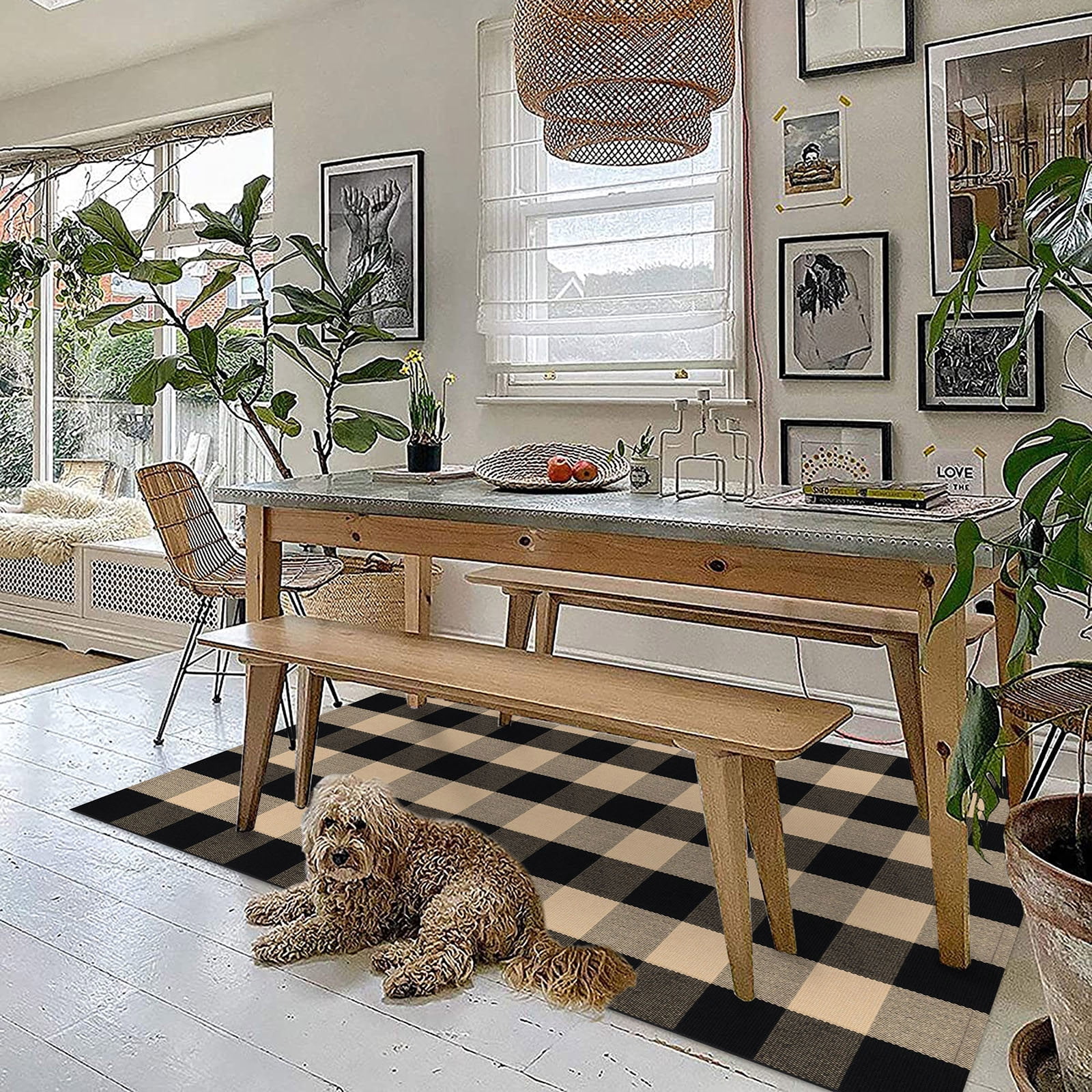 iOhouze Outdoor Rugs Buffalo Plaid Brown and Black 3'x5' Area Rug, Cotton Woven Washable Indoor Outdoor Rug Farmhouse/Living Room/Bedroom/Kitchen Rug Retro Lattice Checkered Rug