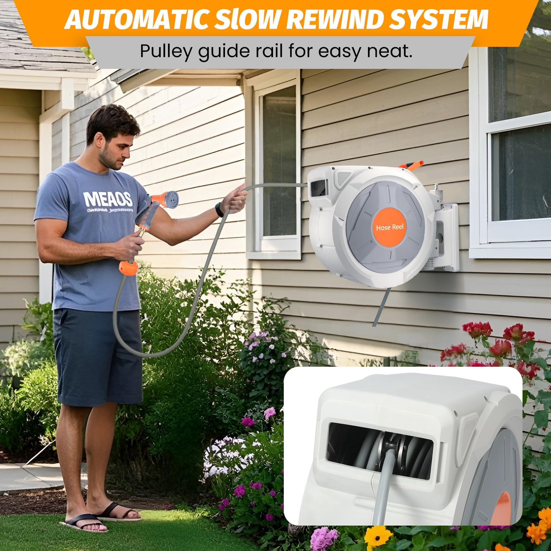 Retractable Garden Hose Reel 1/2 in x 130 ft - Wall Mounted, Heavy Duty UV Resistant - Automatic Rewind & Slow Return, Any-Length Lock, 180° Swivel Bracket, 9-Function Sprayer Nozzle