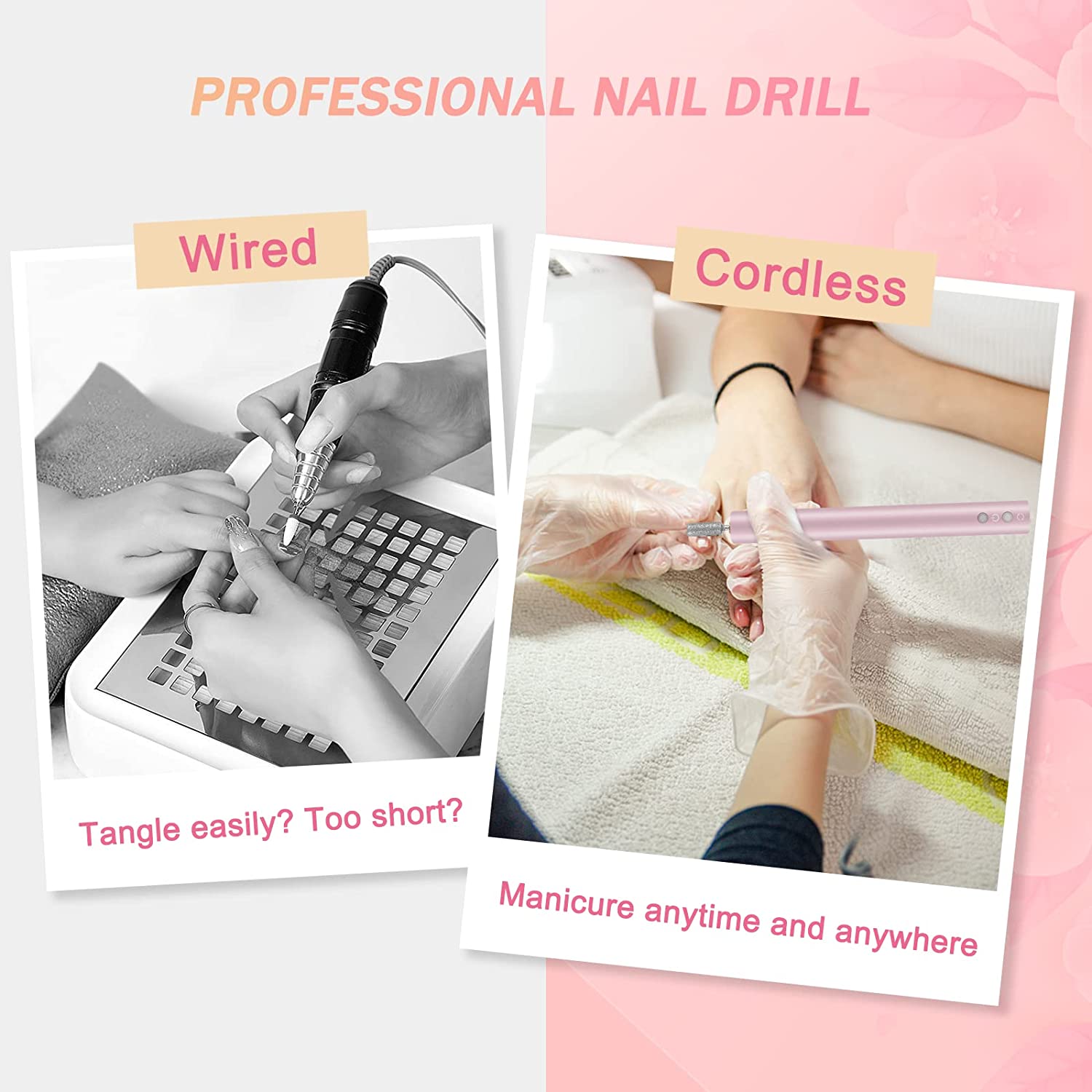 Biutee Cordless Nail Drill 15000RPM Professional Portable Rechargeable Electric Nail Drill Machine with LED Electric Efile Nail File with Bits and Sanding Bands for Acrylic Gel Nail Manicure Pedicure