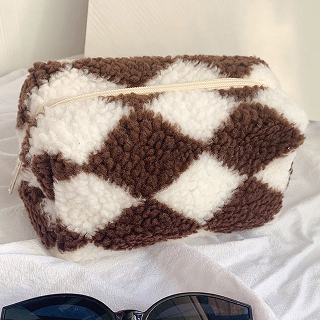 Bolso de cosméticos de tablero de ajedrez Bolsas de maquillaje de felpa suave para adolescentes (café)
