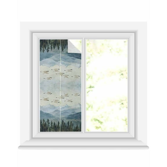 Window Privacy Film Watercolor Landscape Stained Glass Window Film Decorative Sun Block Window Cover Retro Geese Forest Mountain Window Clings Static Adhesive Sticker for Bathroom 17.7"x39.3"