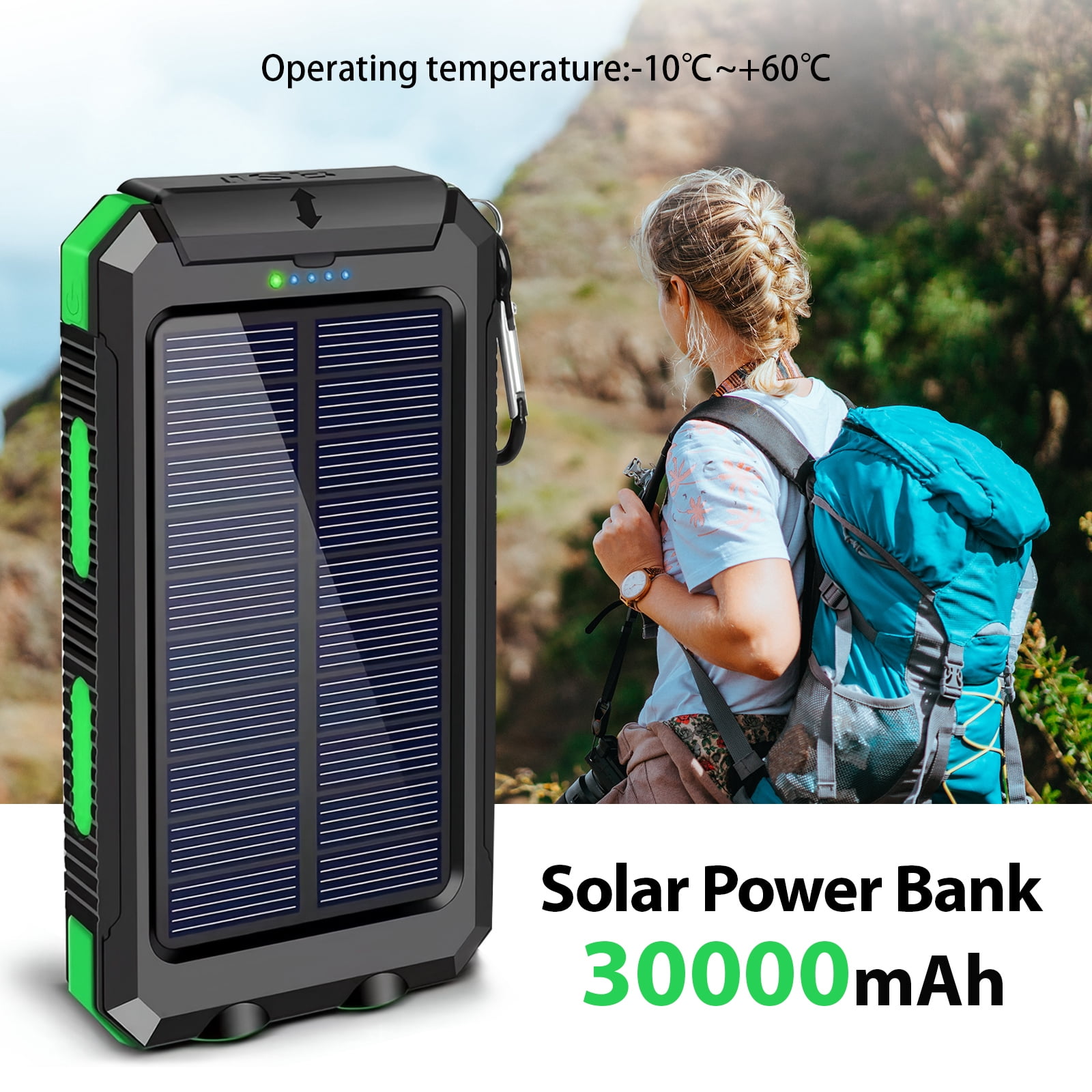 2PK BAOKALER 30000mAh Solar Charger for Cell Phone iPhone, Portable Solar Power Bank with Dual 5V USB Ports, 2 Led Light Flashlight, Compass Battery Pack for Outdoor Camping Hiking(Green)