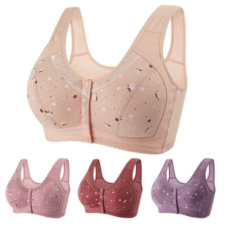 rygai Plus Size Flower Print Wire Free No Pads Nursing Bra Mid-aged Mom Open Front Vest Brassiere Khaki 44