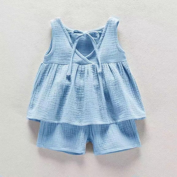 Piuwrlz Summer Refreshing Kids Vest and Shorts Set Children's Sleeveles Tank Tops and Short Pants Sets Cotton Linen Tight Round Neck Pullover Blue Size 6 Months