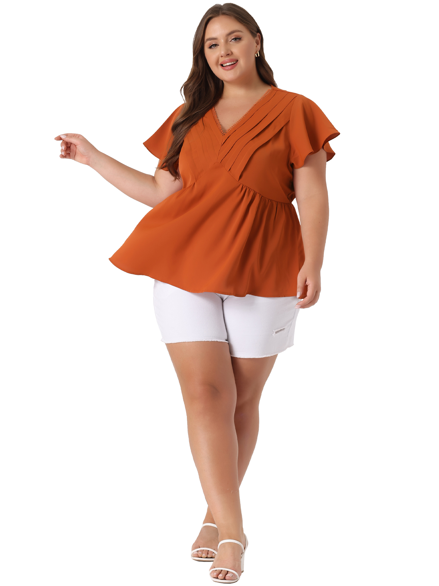 DARING DIVA Women's Plus Flare Sleeves V Neck Lace Front Peplum Blouse 4X Caramel