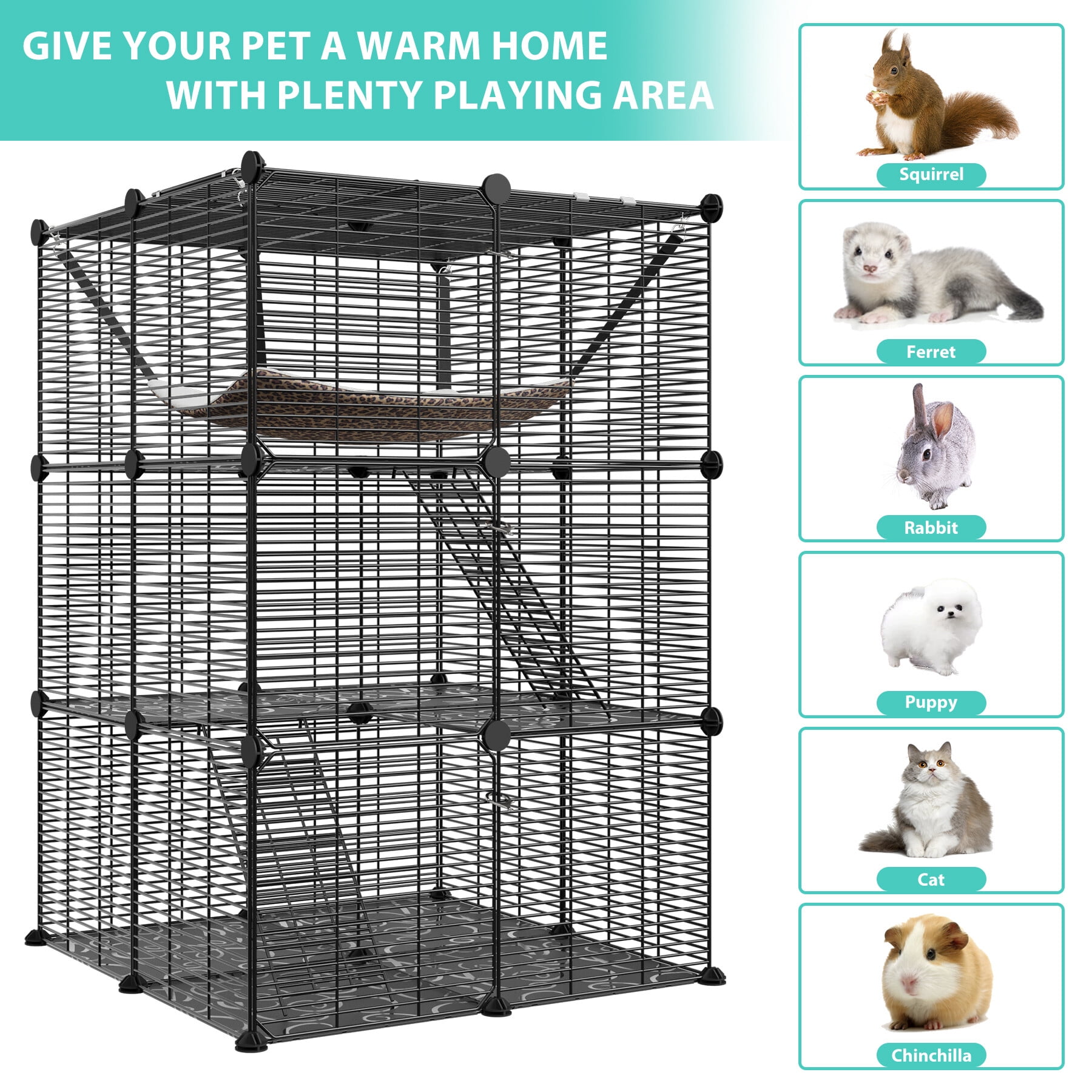 HomGarden 3-Tier DIY Cat Cage Metal Wire Cat Playpen Enclosures Indoor W/Hammock & Skylight for 1-2 Cats Ferret Rabbit