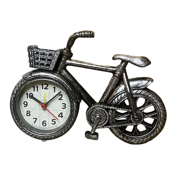 Reloj despertador con forma de bicicleta, pequeño reloj rústico de escritorio para mesita de noche. Plata