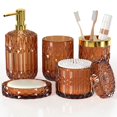 thumbnail image 1 of Juego de accesorios de baño morados, 5 piezas, accesorios de baño de vidrio con loción, dispensador de jabón, jabonera, soporte para cepillo de dientes, vaso de baño, tarros de hisopo de algodón, 1 of 1