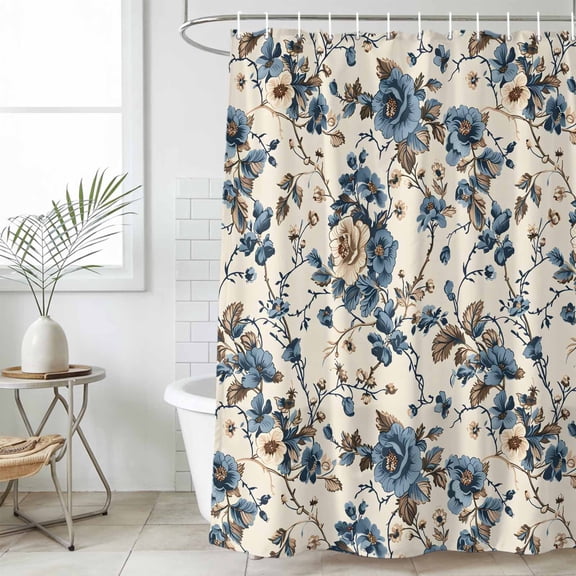 Blue Spring Floral Waterproof Fabric Shower Curtain,Vintage Botanical Farmhouse Waterproof Fabric Shower Curtain for Bathroom Curtains Bathtubs Hotel Shower Curtains with 12 Hooks Extra Long 72x84