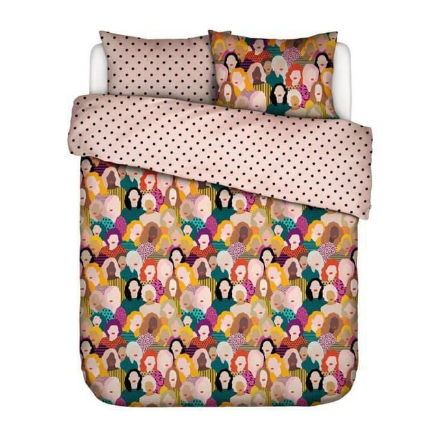 Essenza Home duvet cover bedding set featuring a vibrant design of diverse illustrated faces on the front and pink fabric with black polka dots on the reverse
