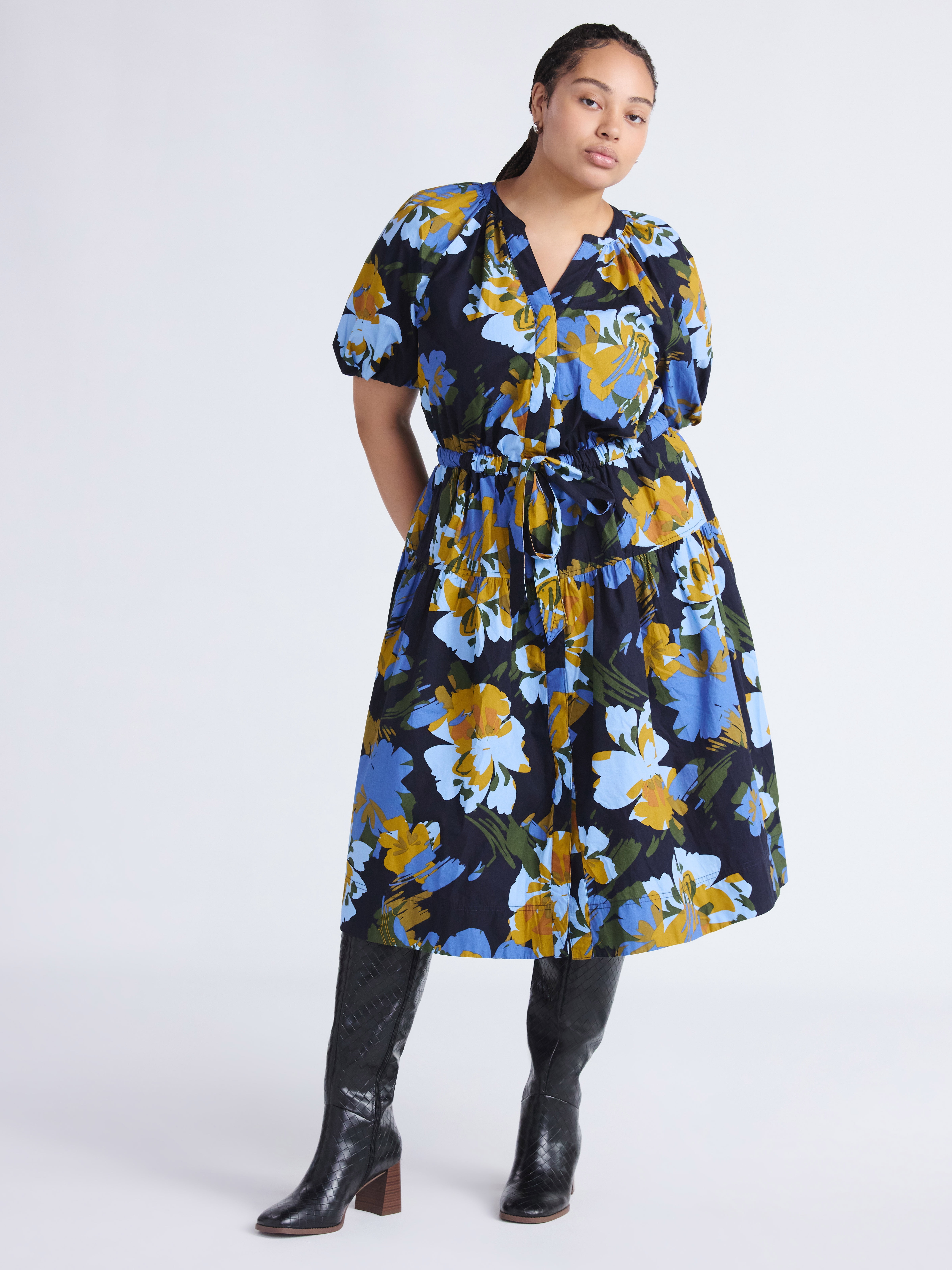 Free Assembly Women's and Women's Plus Cotton Midi Dress with Puff Sleeves, Sizes XS-4X