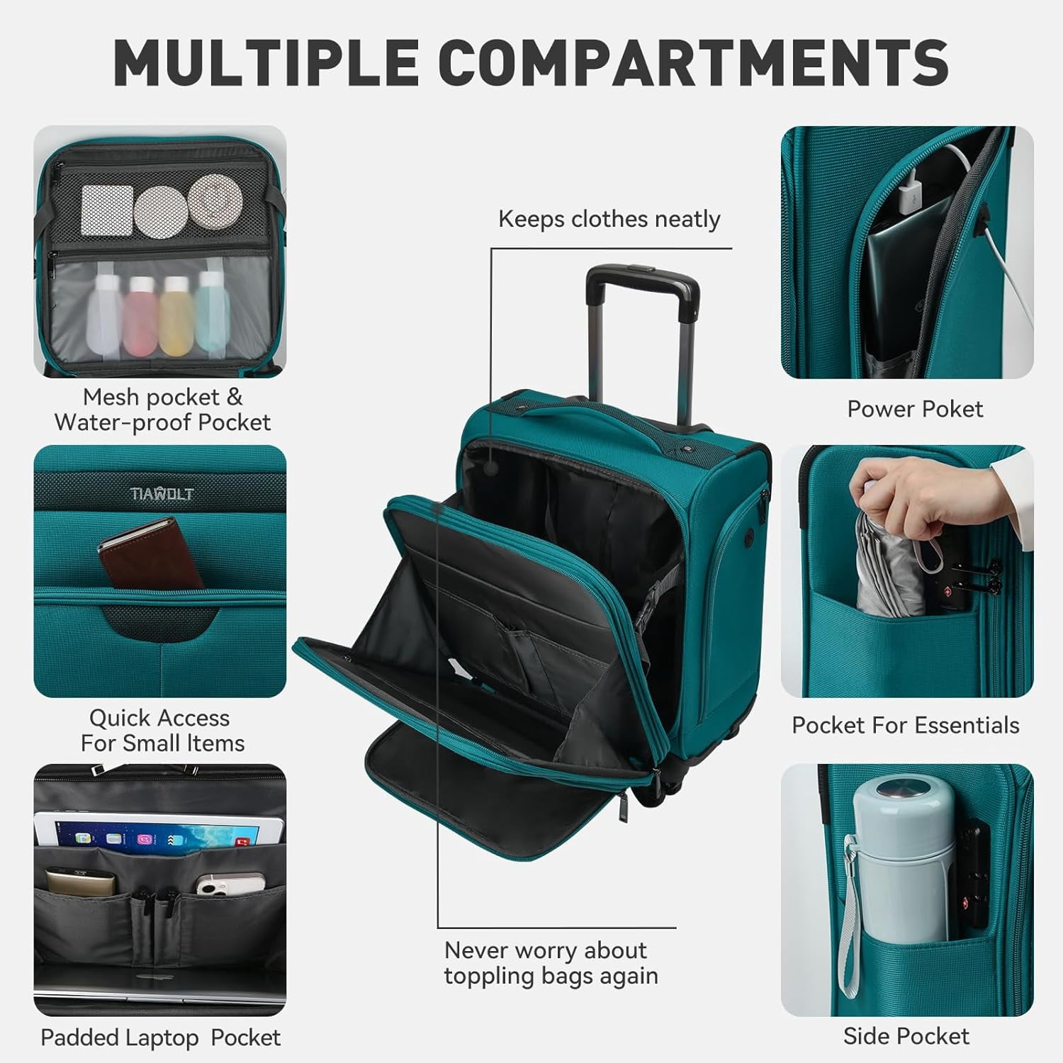TIAWOLT 16 Inch Underseat Carry on Luggage With Wheels Softside Lightweight Compact Business Suitcases Travel Bag with Spinner Wheels Airline Approved Luggage for Short Trip,Green