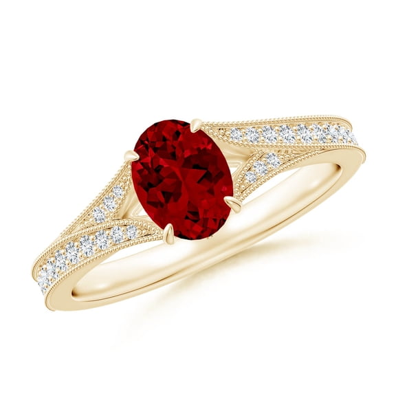 ANGARA Lab Grown 1 Ct Vintage Inspired Oval Ruby Split Shank Engagement Ring for Women in 14K Yellow Gold (Size-7x5mm) | July Birthstone, Anniversary, Jewelry Gift for Women | Lab-Grown Ruby Ring