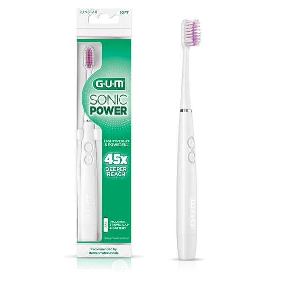 GUM Sonic Battery Powered Toothbrush, Tapered Bristles Clean Below the Gumline, White,  1 Count.