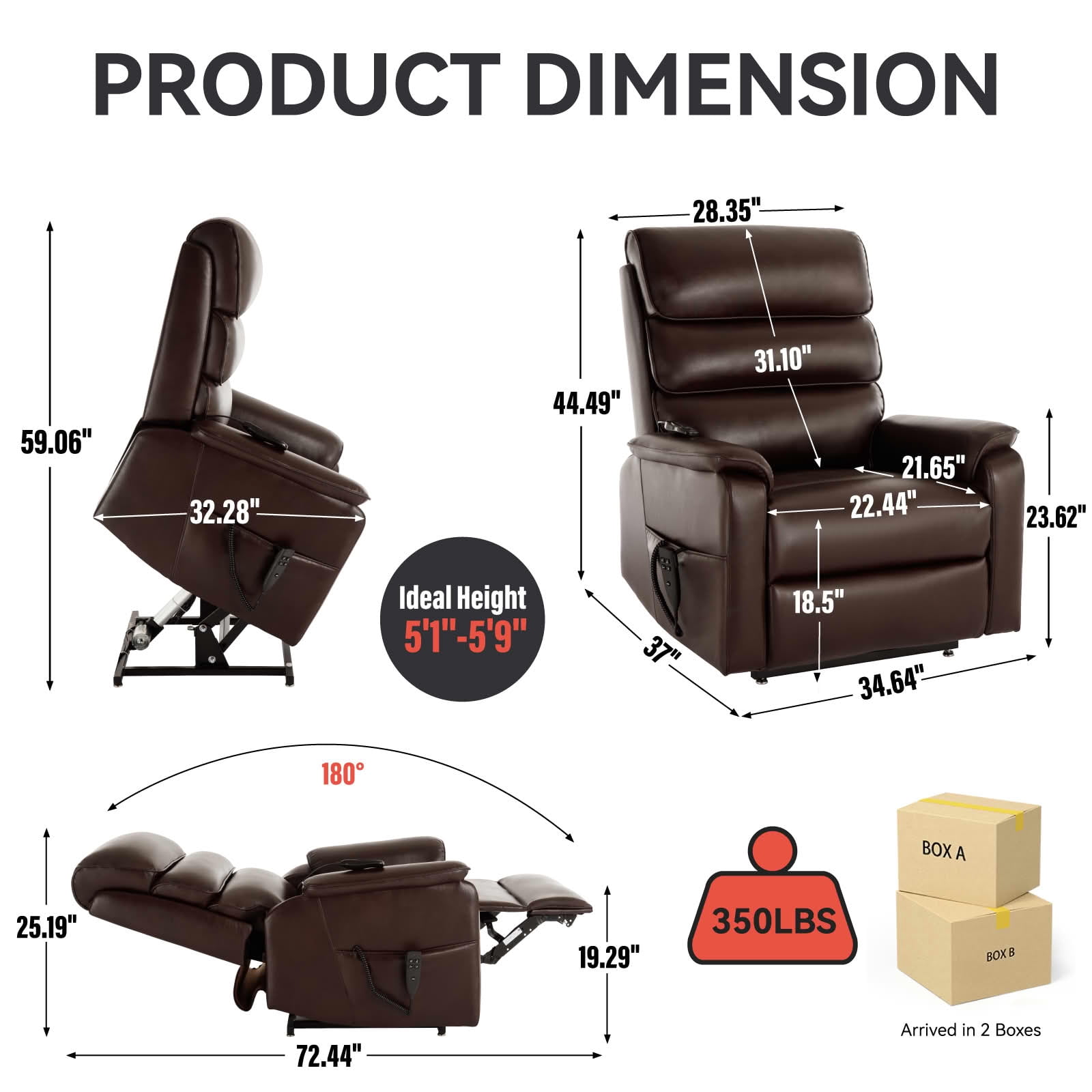 MAYEERTY Brown Dual Motor Power Lift Recliner, 350lbs 180° Infinite Position Heat Massage Chair with Remote Heavy Duty for Home