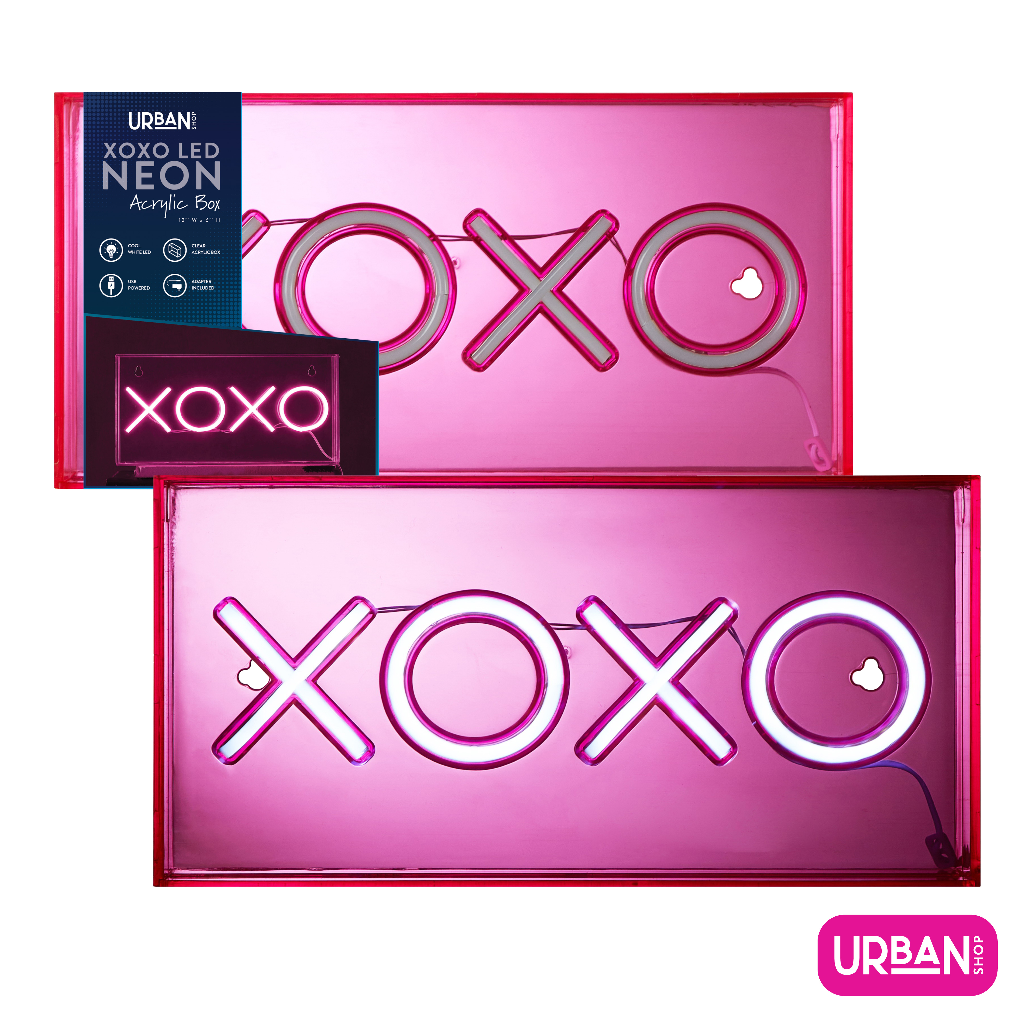 Urban Shop LED Neon XOXO Light-up Acrylic Box, Pink photo 2