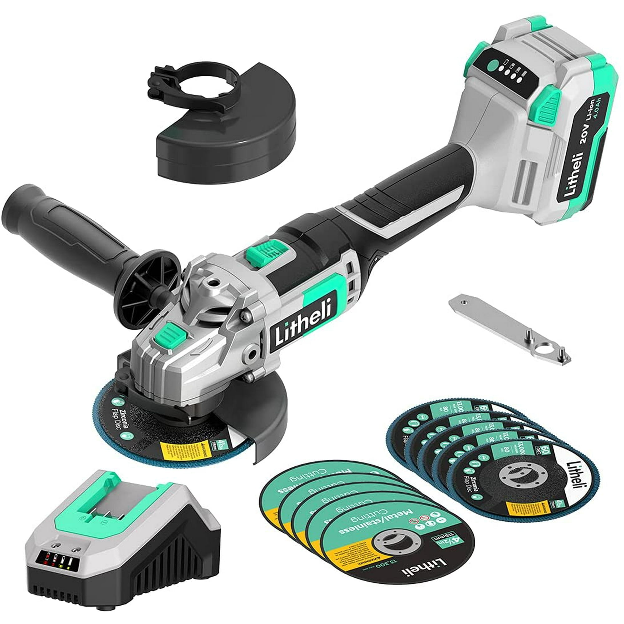 Litheli 20V Cordless Angle Grinder 4 1 2 Grinders Power Tools Battery Cut Off Tool 5 Grinding Wheels Flap Disc 5 Cutting Wheels 3 Position Side Handle With 4.0 Ah Battery 2.4 A Charger Walmart