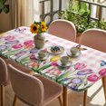 thumbnail image 3 of Tulips Spring Floral Table Cloths for 4 Foot Rectangle Tables, Pink Plaid Flowers Butterfly Pastoral Patio Waterproof Elastic Fitted Tablecloths, Washable Rectangular Table Cover for Camping, 3 of 8