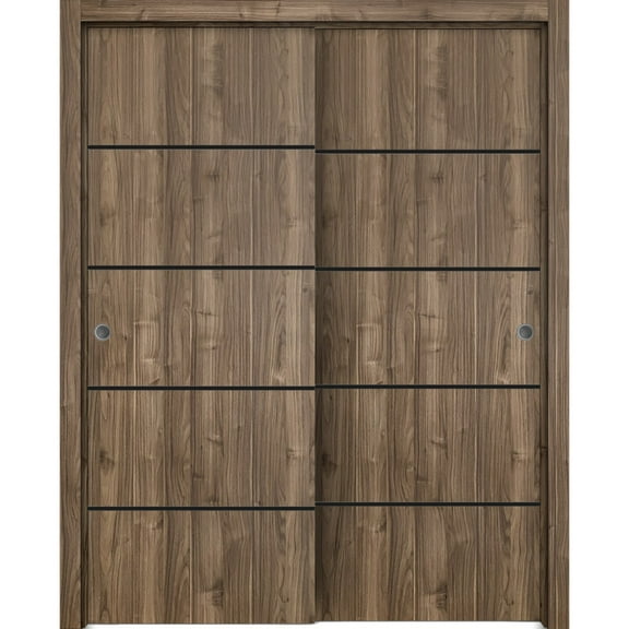 Sliding Closet Bypass Doors 36 x 80 inches | Planum 0015 Walnut with Frosted Glass | Sturdy Rails Moldings Trims Hardware Set | Wood Solid Bedroom Wardrobe Doors