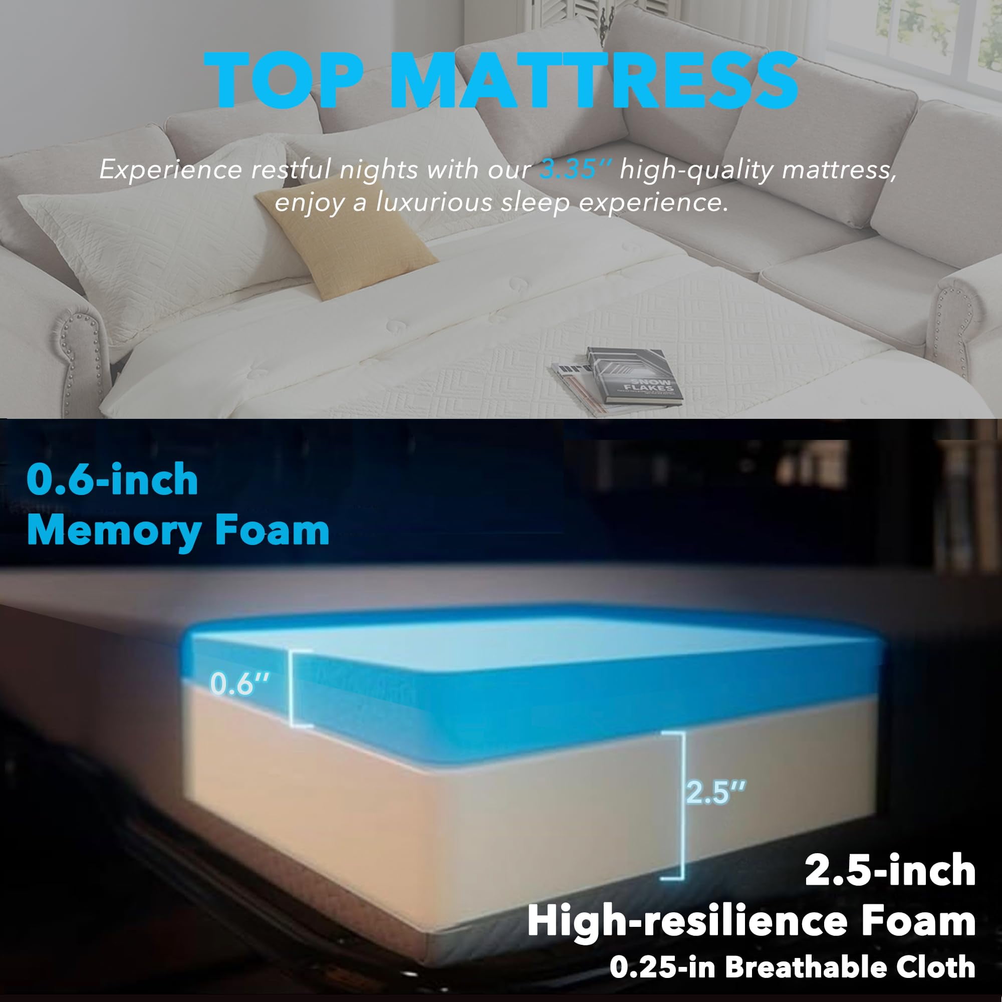 Tabaray Modern L Shaped Sleeper Sofa Bed with Mattress Bed, 104"Pull Out Sleeper Couch Bed Small Full Size,  6 Seater Sectional Furniture Sets for Living Room, Bedroom, Apartment