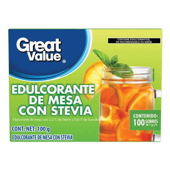 Edulcorante de mesa Great Value con stevia 100 pzas