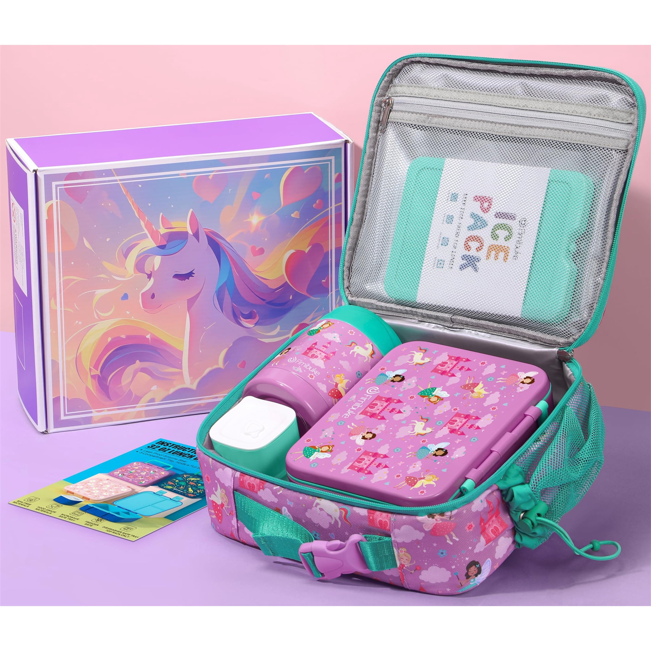 Bento Lunch Box 3-Compartment 32OZ Snack Lunch Container, Lunch Bag, 12OZ Insulated Food Jar & Ice Pack Set for School, Work, Travel, or Picnic (Fairy Unicorn)