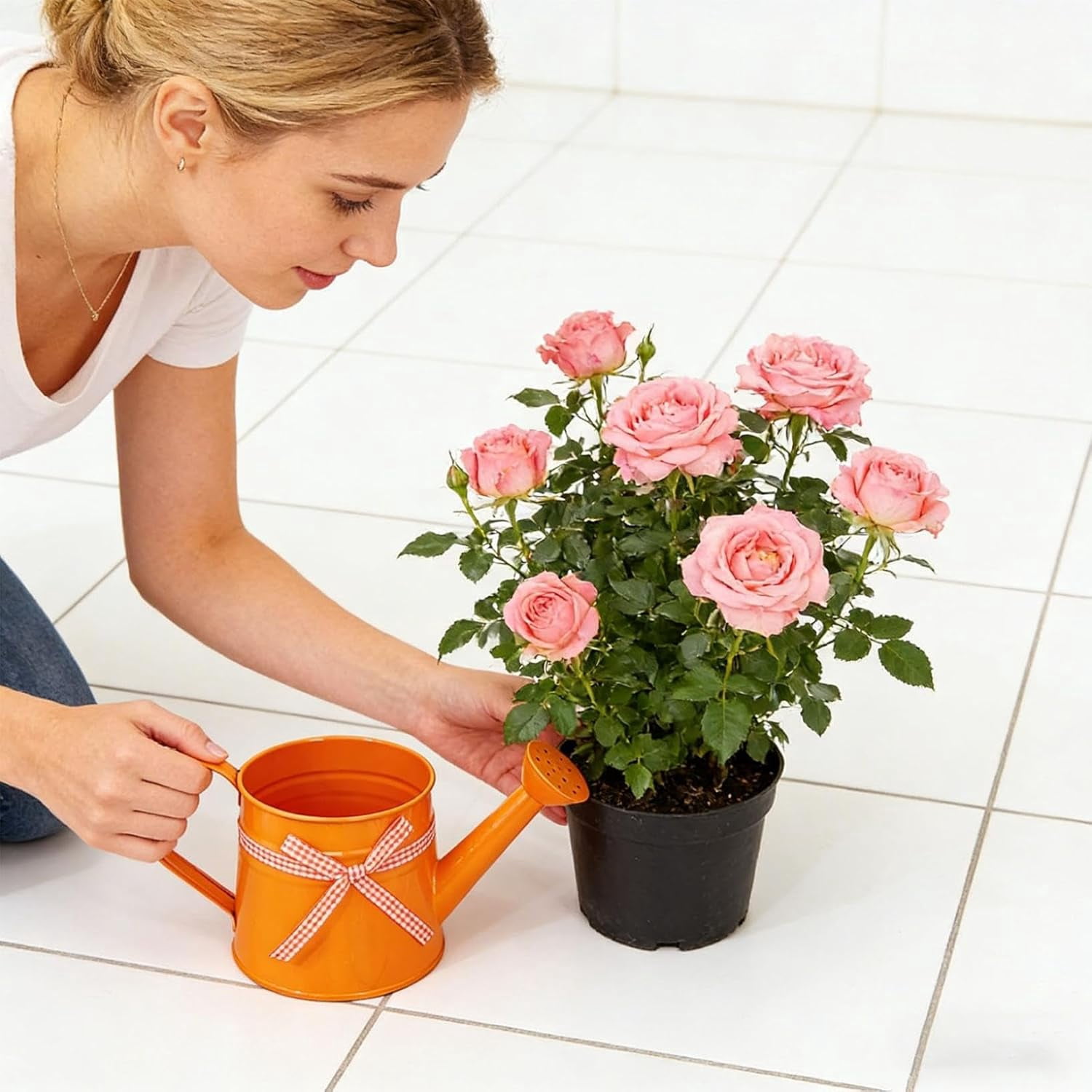Vintage Tinplate Watering Can - 1L Galvanized Metal Kettle with Long Spout for Precise Indoor & Outdoor Plant Watering, Slow Pour Shower Sprinkler for Flowers (Orange)