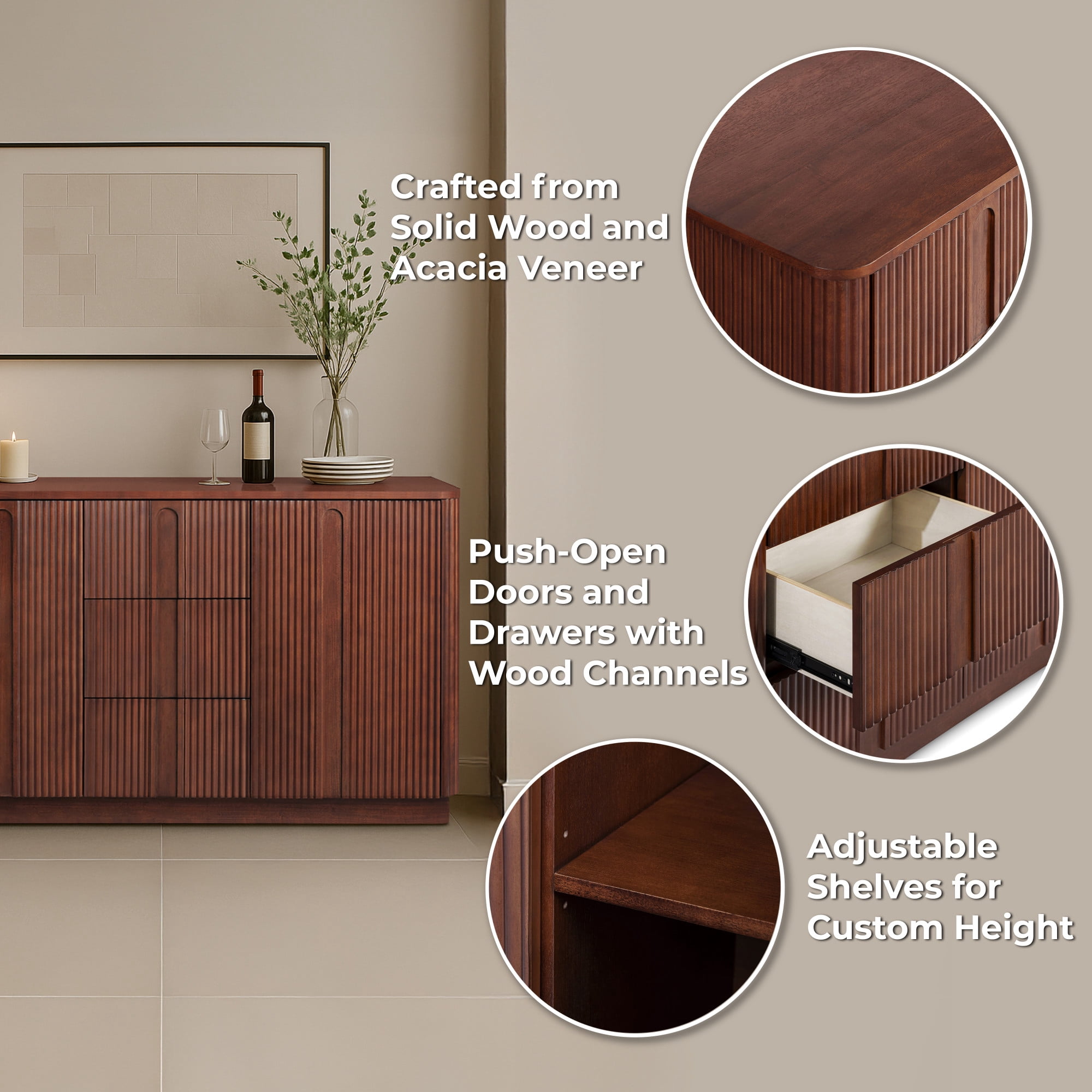 Teamson Home Potomac Modern Solid Wood Sideboard with Push-to-Open Storage, Adjustable Shelf, 3 Drawers & 2 Cabinets