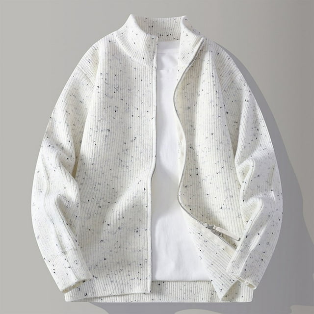 RKSTN Mens Cardigan Sweater Double Zip Design Unique Speckled Design Solid Color Stylish Long Sleeve Stand Collar Versatile Cardigan Knit Sweater Coat Fall Winter Style