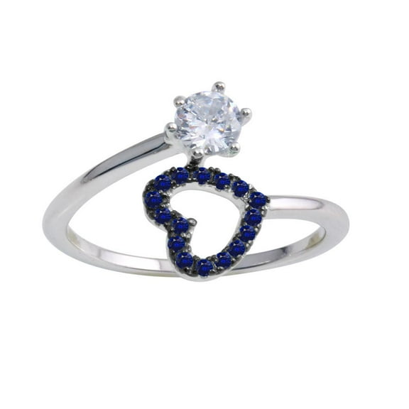 Synthetic Sapphire Round Clear CZ Open Heart Ring Sterling Silver Size 5