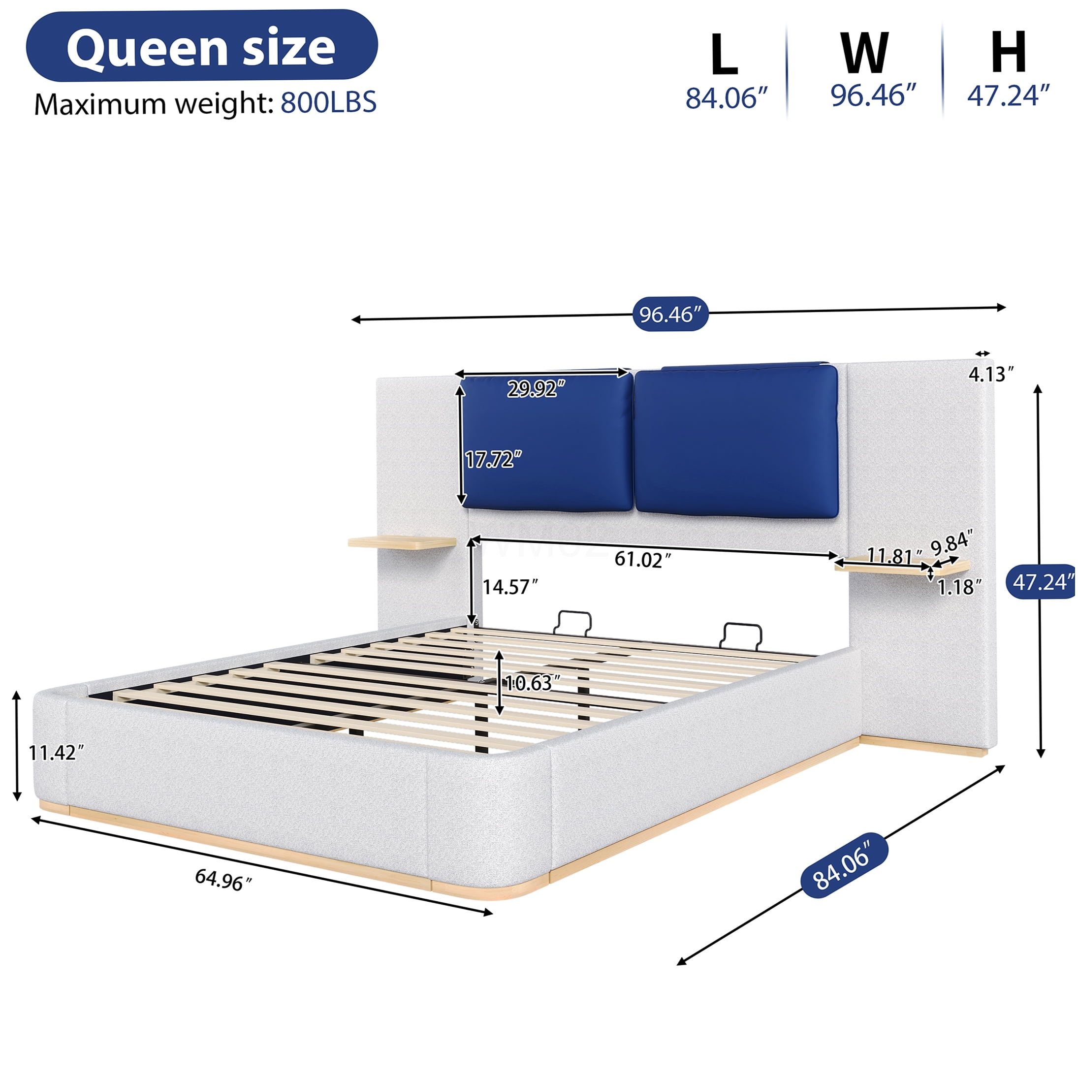 Queen Upholstered Storage Bed Frame with Shelves, Blue Grey Fabric Headboard, No Box Spring Needed, Noise Free Platform Bed
