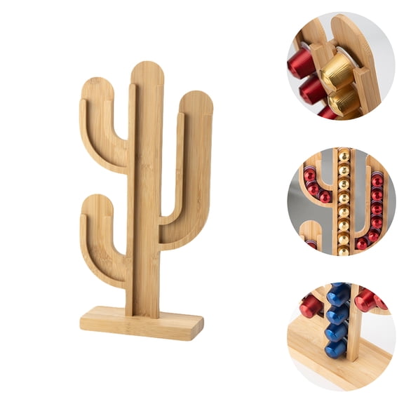 BESTYASH Khaki Bamboo Coffee Pod Holder Organizer Cactus Shape Large Capacity Countertop Stand