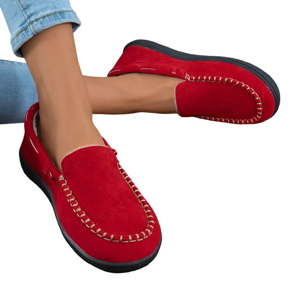 Womens Winter Loafers Suede Furry Lined Round Toe Slip on Low Top Booties Thick Soft Sole Lightweight Walking Shoes Red Size 7.5