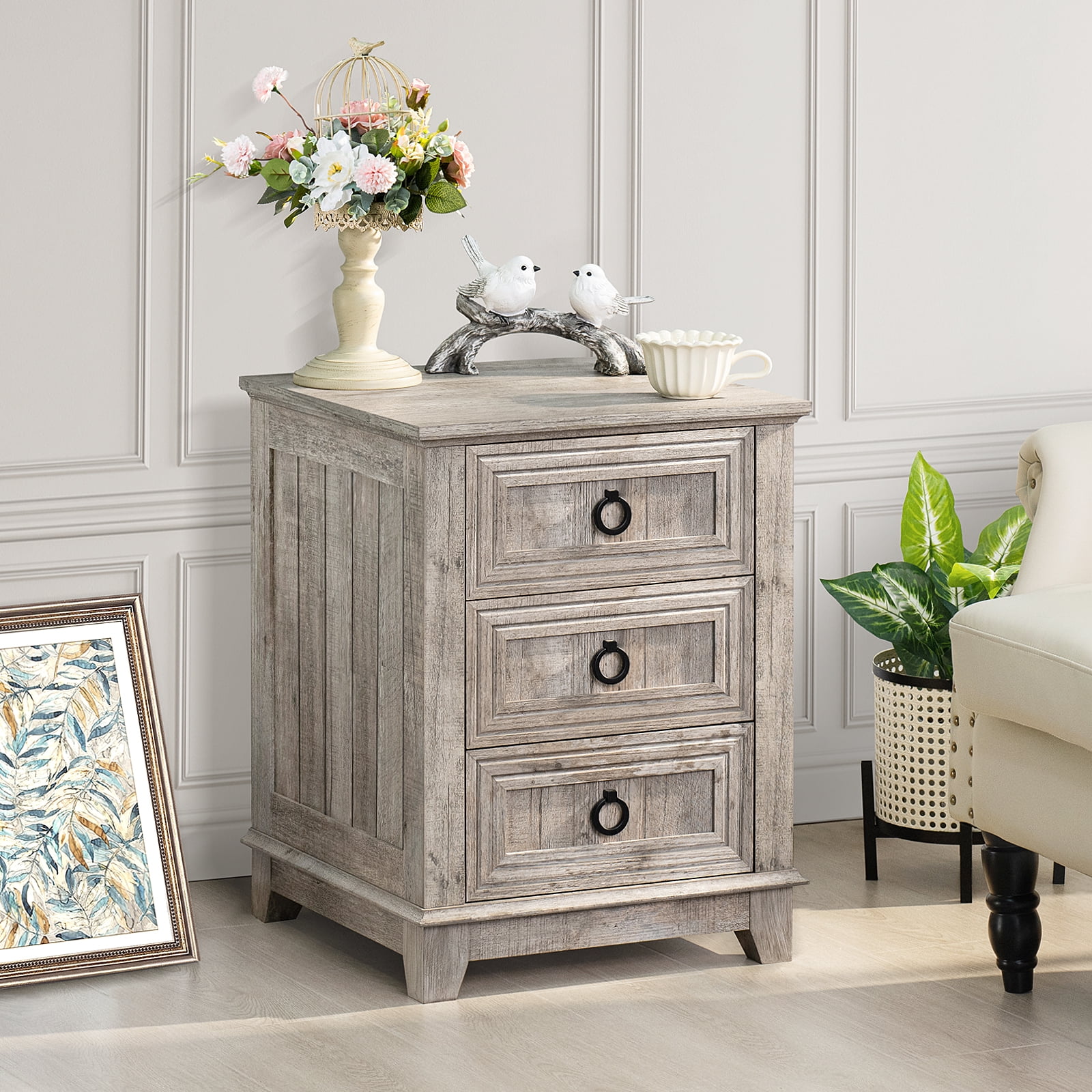 Joaxswe Farmhouse Nightstand with 3 Drawers, Wood Bedside Table Night Stand, Wide Sofa Side End Table for Living Room, Bedroom, Grey Oak