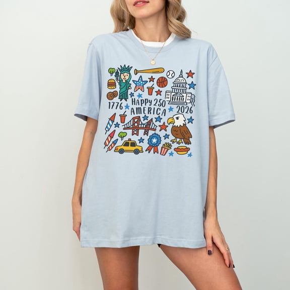 Happy 250 America Doodle 4th of July Family Matching T-Shirt, Cute USA 1776-2026 Patriotic Americana Tee, Unisex Cotton Shirt