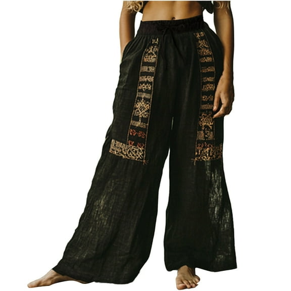 yunLCZ Women's Wide Leg Pants Holiday Style Retro Linen Floral Ethnic Print Casual Pants For Women – Comfortable Relaxed Fit Perfect For Summer Beach And Vacation Wear Business Work Casual Pants