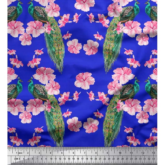 Soimoi Rayon Crepe Fabric Floral & Peacock Bird Decor Fabric Printed Yard 46 Inch Wide