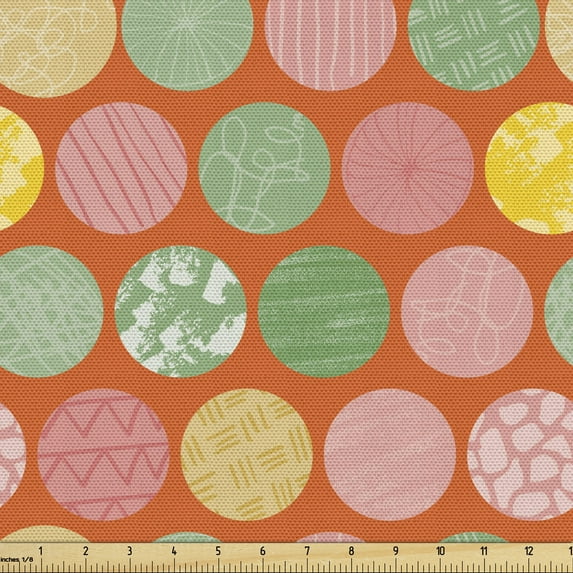 Modern Fabric by the Yard Upholstery, Doodle Style Circles with Zigzags and Paint Blots, Decorative Fabric for DIY and Home Accents, Vermilion Reseda Green by Ambesonne