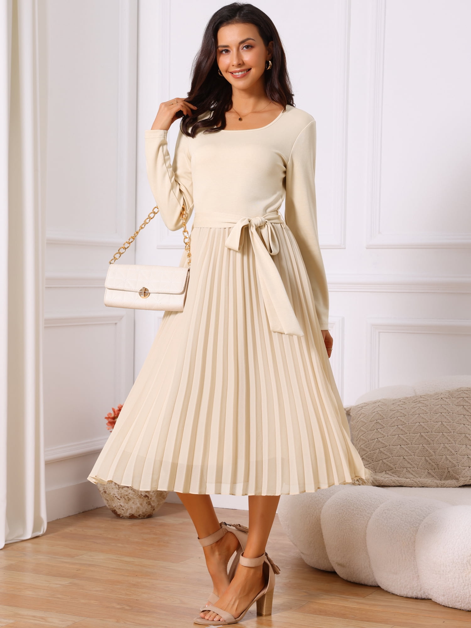 DARING DIVA Women's Pleated Crewneck A Line Flowy Long Sleeve Dress S Apricot