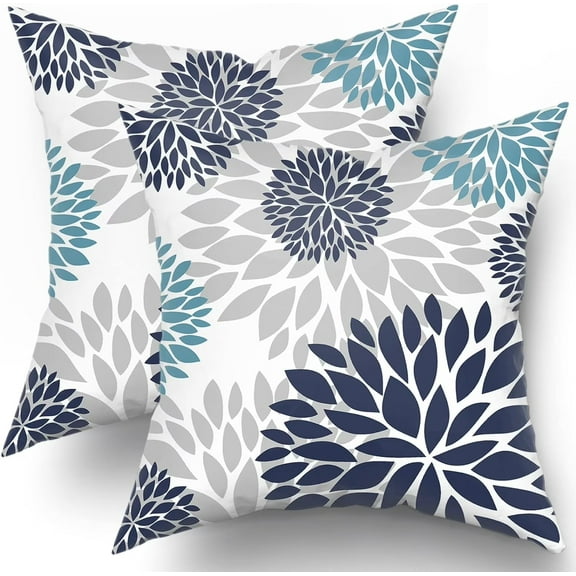 Navy Blue Throw Pillows Covers 22x22 Set of 2, Purplish Aqua Dahlia Flower Pillow Cushion Cases, Teal Grey Floral Decor Throw Pillows Cover Gifts for Bed Couch Sofa Living Room
