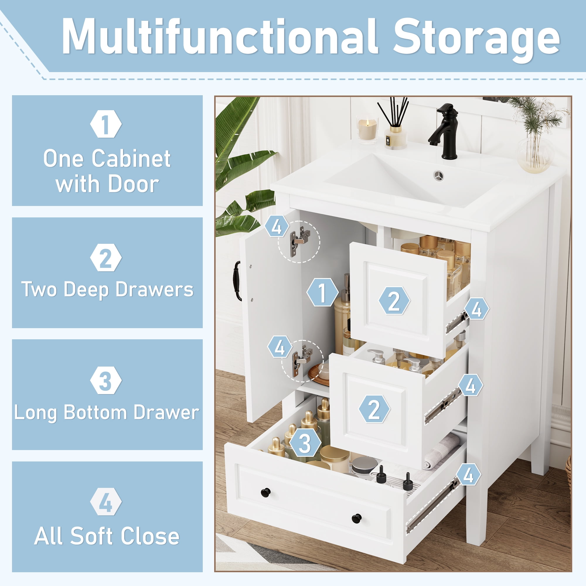 Harper & Bright Designs 24" Small Bathroom Vanity Sink Combo, Bathroom storage Cabinet with Drawers, Single Sink Bathroom Vanity with Soft-closing Door, White