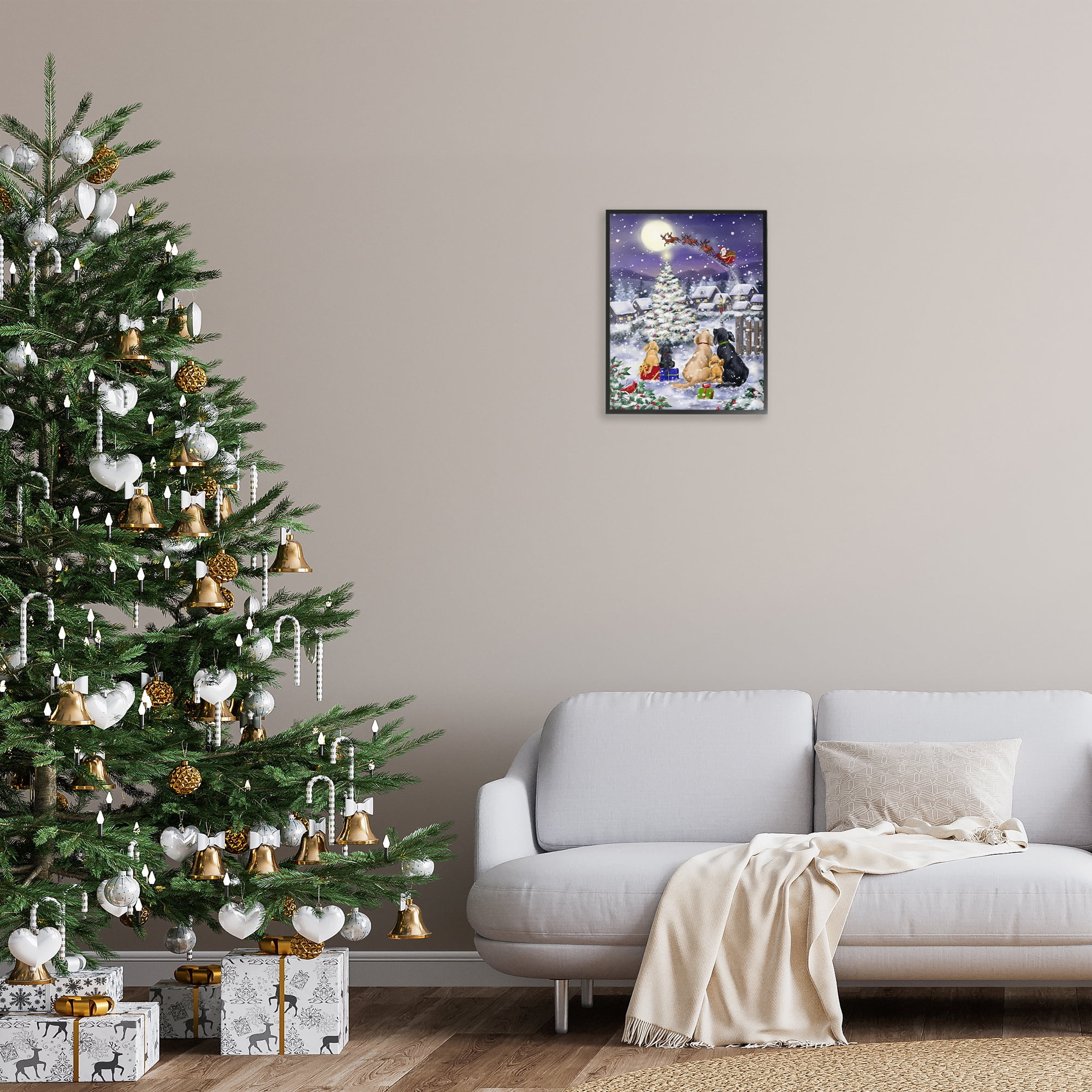 Stupell Industries Santa Over Snowy Dogs Holiday Painting Black Framed Art Prints Wall Art, 16 x 20