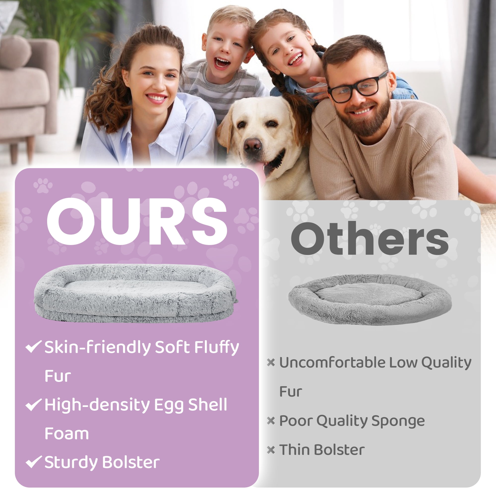 Skandiquip Large Human Dog Bed for Pets and Adults, 75"x43"x10", Plush Washable Cover With Blanket, Non-Slip Base, Orthopedic Memory Foam Support, Light Grey